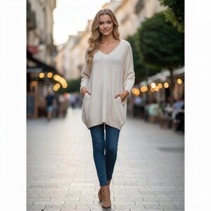 Sofia Cashmere Beige V-Neck Cashmere Blend Sweater • Size M